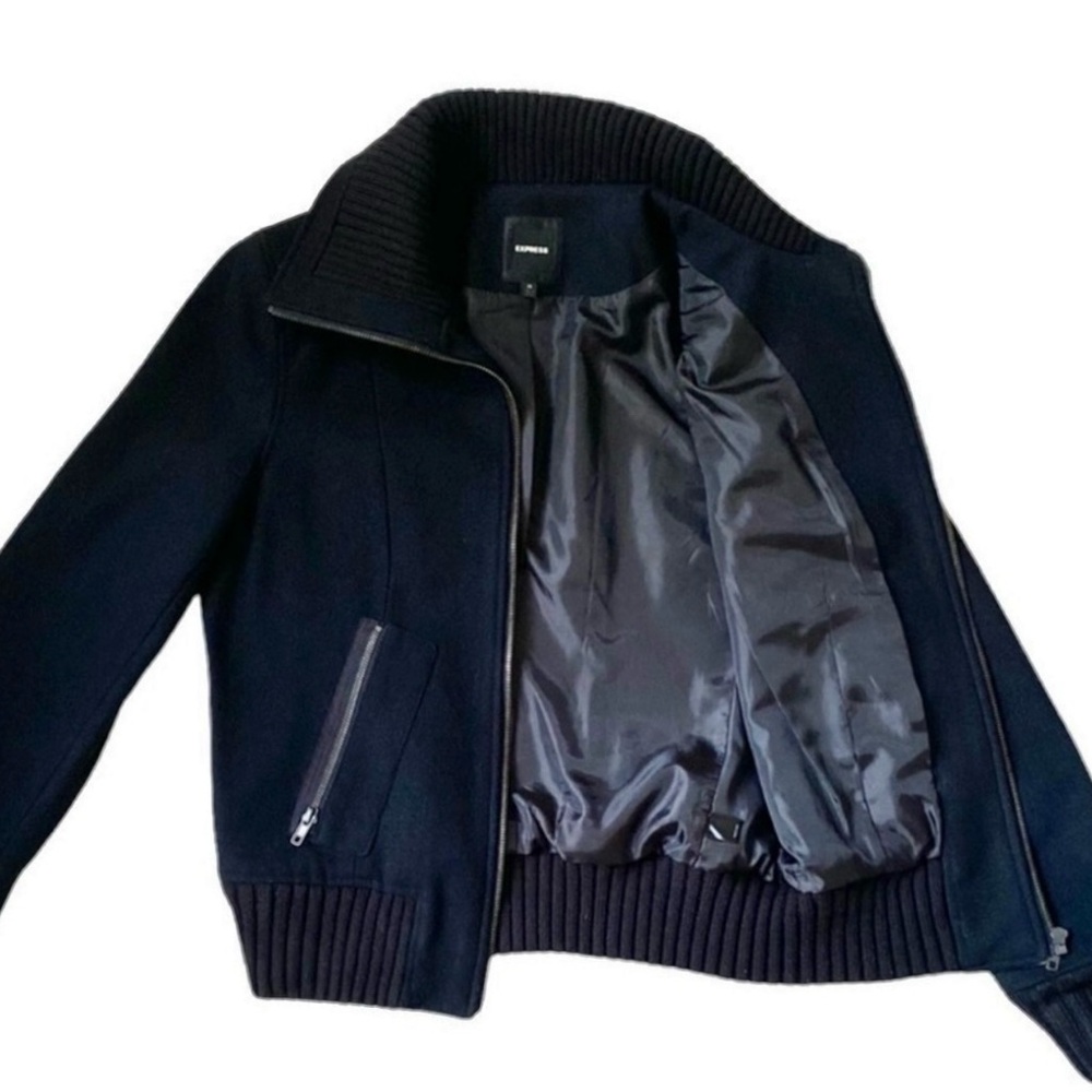 NEW Express Black Wide Collar Wool Blend Bomber Jacket Size Medium - Picture 9 of 11